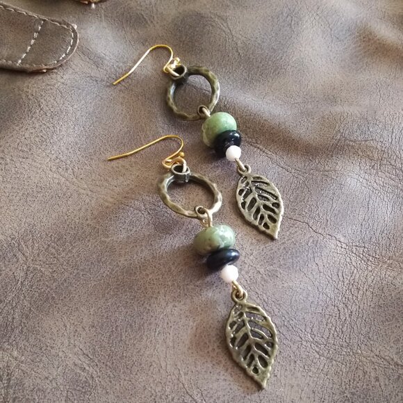 Feminine Bronze Leaf Dangle Earrings 3" ~ Jasper + Agate ~ Fall & Harvest Season - Picture 1 of 6